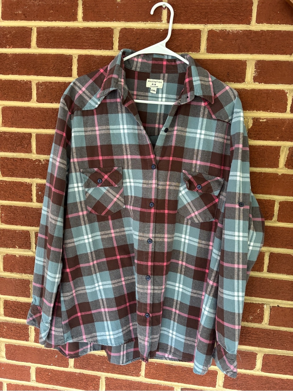 Matchstick: Plaid Flannel Shirt - Pink & Gray - Picture 4 of 5